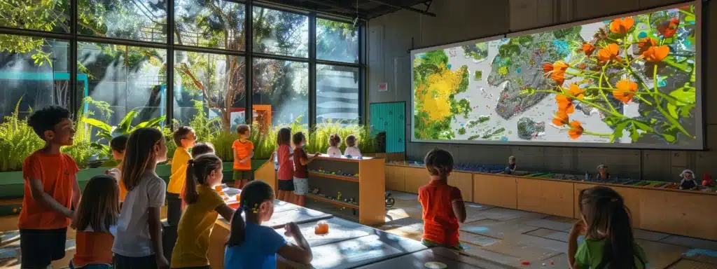 a vibrant classroom setting filled with enthusiastic children and an engaging educator showcasing eco-friendly gem mining practices, complete with colorful charts and interactive displays that highlight sustainability and environmental responsibility.