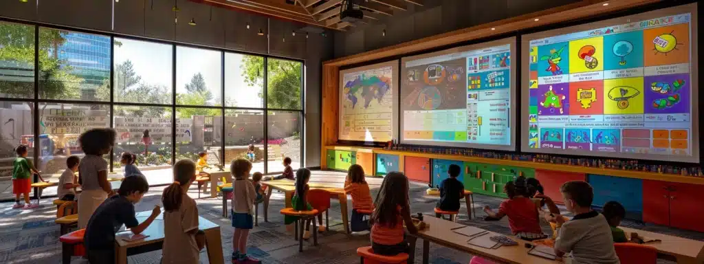 a vibrant indoor classroom filled with children enthusiastically engaged in interactive safety demonstrations, showcasing role-playing scenarios related to gem mining hazards, with charts illustrating safety tips prominently displayed on the walls.