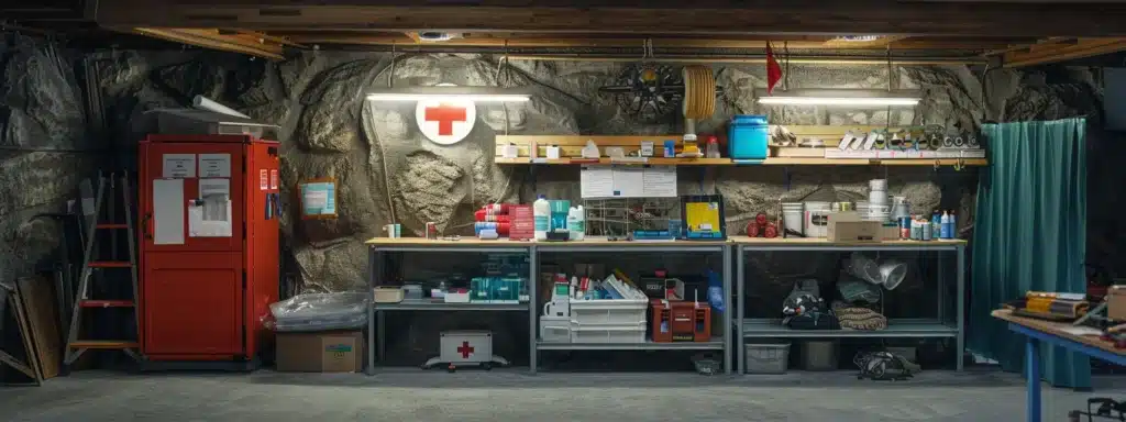 a well-organized indoor first aid station is prominently displayed, featuring neatly arranged first aid supplies, alongside an emergency contact checklist, set against the backdrop of a gem mining workshop filled with mining tools and vibrant gemstones, conveying readiness for medical emergencies.